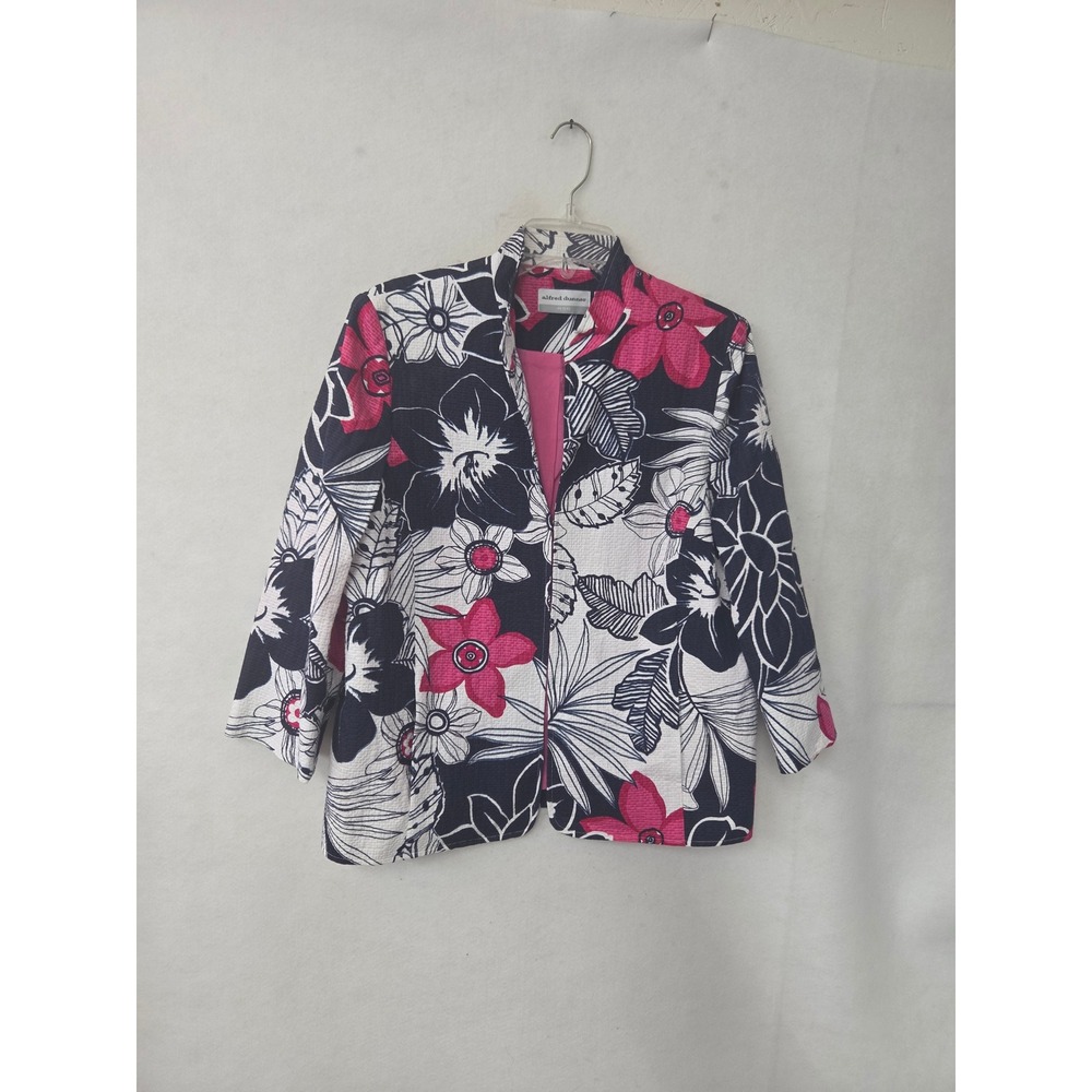 Alfred‎ Dunner Floral Blazer Women 14P Pink Navy White Seersucker Cotton Jacket